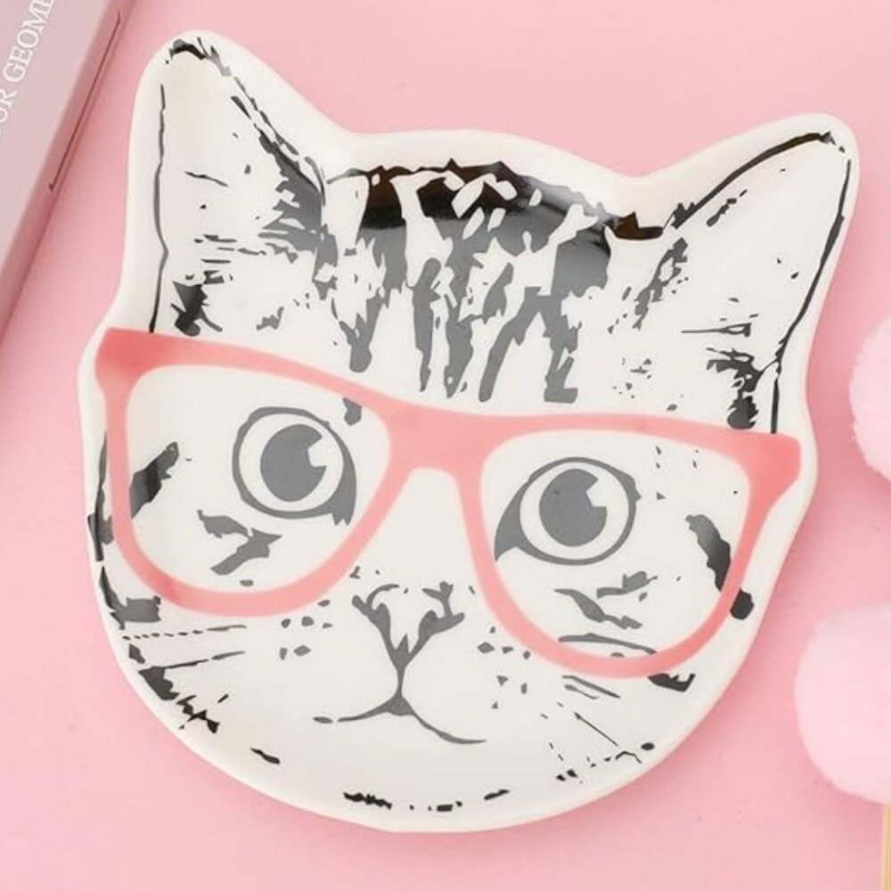 Stephanie Imports Cat w/ Pink Glasses Ceramic Trinket Plate / Dish/ Tray NEW